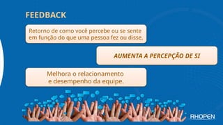 FEEDBACK
Retorno de como você percebe ou se sente
em função do que uma pessoa fez ou disse,
AUMENTA A PERCEPÇÃO DE SI
Melhora o relacionamento
e desempenho da equipe.
 