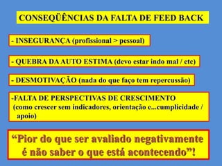 CONSEQÜÊNCIAS DA FALTA DE FEED BACK

- INSEGURANÇA (profissional > pessoal)

- QUEBRA DA AUTO ESTIMA (devo estar indo mal / etc)

- DESMOTIVAÇÃO (nada do que faço tem repercussão)

-FALTA DE PERSPECTIVAS DE CRESCIMENTO
 (como crescer sem indicadores, orientação e...cumplicidade /
  apoio)


“Pior do que ser avaliado negativamente
  é não saber o que está acontecendo”!
 