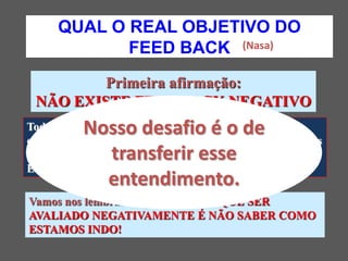 QUAL O REAL OBJETIVO DO
             FEED BACK (Nasa)
         Primeira afirmação:
 NÃO EXISTE FEED BACK NEGATIVO
           Nosso desafio é o de
Todo feed back, mesmo os mais difíceis (isto é, aqueles
em que precisamos tratar questões delicadas) são realizados
             transferir esse
para reorientar o nosso subordinado.
É o princípio da EDUCAÇÃO e isso é sempre positivo!
             entendimento.
Vamos nos lembrar de que: PIOR DO QUE SER
AVALIADO NEGATIVAMENTE É NÃO SABER COMO
ESTAMOS INDO!
 