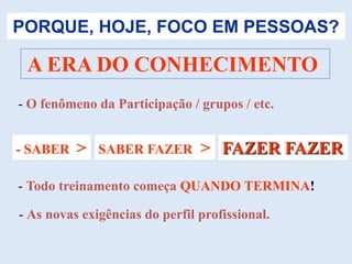 PORQUE, HOJE, FOCO EM PESSOAS?

 A ERA DO CONHECIMENTO
- O fenômeno da Participação / grupos / etc.


- SABER   >   SABER FAZER       > FAZER FAZER

- Todo treinamento começa QUANDO TERMINA!

- As novas exigências do perfil profissional.
 