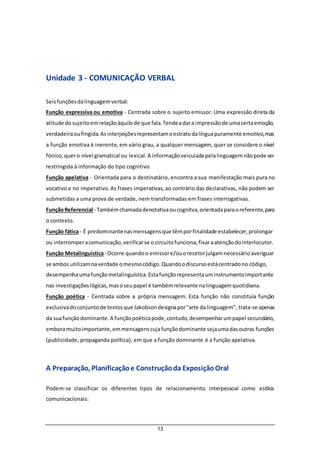 13
Unidade 3 - COMUNICAÇÃO VERBAL
Seisfunçõesdalinguagemverbal:
Função expressiva ou emotiva - Centrada sobre o sujeito emissor. Uma expressão direta da
atitude dosujeitoemrelaçãoàquilode que fala.Tendeadara impressãode umacertaemoção,
verdadeiraoufingida.Asinterjeiçõesrepresentamoestratodalínguapuramente emotivo,mas
a função emotiva é inerente, em vário grau, a qualquer mensagem, quer se considere o nível
fónico,quero nível gramatical ou lexical.A informaçãoveiculadapelalinguagemnãopode ser
restringida à informação do tipo cognitivo.
Função apelativa - Orientada para o destinatário, encontra a sua manifestação mais pura no
vocativo e no imperativo.As frases imperativas, ao contrário das declarativas, não podem ser
submetidas a uma prova de verdade, nem transformadas em frases interrogativas.
FunçãoReferencial - Tambémchamadadenotativaoucognitva,orientadaparaoreferente,para
o contexto.
Função fática - É predominantenasmensagensque têmporfinalidade estabelecer,prolongar
ou interromperacomunicação,verificarse o circuitofunciona,fixaraatençãodointerlocutor.
Função Metalinguística- Ocorre quandoo emissore/ouorecetorjulgamnecessárioaveriguar
se ambos utilizamnaverdade omesmocódigo.Quandoodiscursoestácentradono código,
desempenhaumafunçãometalinguística.Estafunçãorepresentauminstrumentoimportante
nas investigaçõeslógicas,masoseupapel é tambémrelevante nalinguagemquotidiana.
Função poética - Centrada sobre a própria mensagem. Esta função não constituía função
exclusivadoconjuntode textosque Jakobsondesignapor"arte da linguagem", trata-se apenas
da suafunçãodominante.A funçãopoéticapode,contudo,desempenharumpapel secundário,
emboramuitoimportante,emmensagenscujafunçãodominante sejaumadasoutras funções
(publicidade, propaganda política), em que a função dominante é a função apelativa.
A Preparação, Planificaçãoe Construçãoda ExposiçãoOral
Podem-se classificar os diferentes tipos de relacionamento interpessoal como estilos
comunicacionais:
 