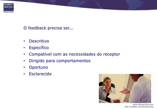 O feedback precisa ser...


• Descritivo
• Específico
• Compatível com as necessidades do receptor
• Dirigido para comportamentos
• Oportuno
• Esclarecido




                                                        www.dorseyrocha.com
                                               http://twitter.com/dorseyrocha
 