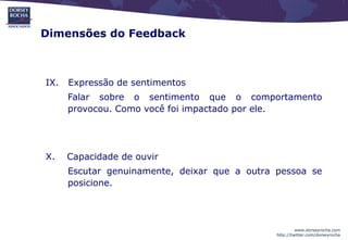 Dimensões do Feedback



IX.   Expressão de sentimentos
      Falar sobre o sentimento que o comportamento
      provocou. Como você foi impactado por ele.




X.    Capacidade de ouvir
      Escutar genuinamente, deixar que a outra pessoa se
      posicione.




                                                        www.dorseyrocha.com
                                               http://twitter.com/dorseyrocha
 