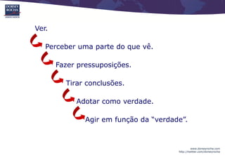 Ver.

   Perceber uma parte do que vê.

       Fazer pressuposições.

         Tirar conclusões.

            Adotar como verdade.

               Agir em função da “verdade”.



                                                 www.dorseyrocha.com
                                        http://twitter.com/dorseyrocha
 