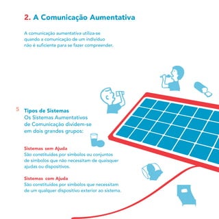 2. A Comunicação Aumentativa
  A comunicação aumentativa utiliza-se
  quando a comunicação de um indivíduo
  não é suﬁciente para se fazer compreender.




5 Tipos de Sistemas
  Os Sistemas Aumentativos
  de Comunicação dividem-se
  em dois grandes grupos:


  Sistemas sem Ajuda
  São constituídos por símbolos ou conjuntos
  de símbolos que não necessitam de quaisquer
  ajudas ou dispositivos.

  Sistemas com Ajuda
  São constituídos por símbolos que necessitam
  de um qualquer dispositivo exterior ao sistema.
 