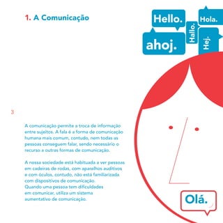1. A Comunicação
A comunicação permite a troca de informação
entre sujeitos. A fala é a forma de comunicação
humana mais comum, contudo, nem todas as
pessoas conseguem falar, sendo necessário o
recurso a outras formas de comunicação.
A nossa sociedade está habituada a ver pessoas
em cadeiras de rodas, com aparelhos auditivos
e com óculos, contudo, não está familiarizada
com dispositivos de comunicação.
Quando uma pessoa tem diﬁculdades
em comunicar, utiliza um sistema
aumentativo de comunicação. Olá.
3
Olá.
 