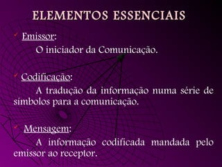 ELEMENTOS ESSENCIAIS
ELEMENTOS ESSENCIAIS
 Emissor:
O iniciador da Comunicação.
 Codificação:
A tradução da informação numa série de
símbolos para a comunicação.
 Mensagem:
A informação codificada mandada pelo
emissor ao receptor.
 