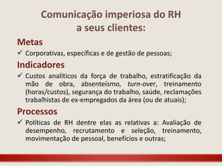 Comunicação imperiosa do RH
             a seus clientes:
Metas
 Corporativas, específicas e de gestão de pessoas;
Indicadores
 Custos analíticos da força de trabalho, estratificação da
  mão de obra, absenteísmo, turn-over, treinamento
  (horas/custos), segurança do trabalho, saúde, reclamações
  trabalhistas de ex-empregados da área (ou de atuais);
Processos
 Políticas de RH dentre elas as relativas a: Avaliação de
  desempenho, recrutamento e seleção, treinamento,
  movimentação de pessoal, benefícios e outras;
 