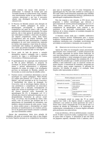 papel contínuo nas nossas vidas pessoais e                     para usar as tecnologias web 2.0 como ferramentas de
        profissionais. A transição da Europa para uma                  aprendizagem [6]. Por outro lado, também se verifica que as
        sociedade baseada no conhecimento exige, também,               IES estão ainda insuficientemente preparadas para trabalhar
        uma transformação similar no que respeita à infra-             com alunos que têm competências técnicas e preferências de
        -estrutura educacional e, por isso, é necessário               aprendizagem completamente diferentes [7].
        adoptar uma abordagem inovadora do sistema
        educativo [2];                                                    Para dar resposta a esta situação, as IES devem criar
                                                                       programas e definir metodologias que reforcem o
   x   O Processo de Bolonha anuncia uma alteração de                  aproveitamento do enorme potencial pedagógico da web 2.0.
       fundo no modelo pedagógico de ensino e                          Desta forma, espera-se que os alunos desenvolvam
       aprendizagem, privilegiando a aquisição de                      competências de aprendizagem neste contexto e que
       competências por parte do aluno e não o simples                 aumentem a sua motivação, exponenciando assim, as
       acumular dos conhecimentos leccionados. Por outras              hipóteses de os alunos atingirem os resultados desejados de
       palavras, não se trata apenas de aprender conceitos,            uma educação superior.
       que serão depois avaliados; o aluno terá, ele próprio,
                                                                           A literatura mostra ainda que o trabalho colaborativo
       que adquirir competências, sendo, desta forma,
                                                                       potencia inúmeros factores fundamentais para o sucesso
       co-responsável pela sua própria formação. Esta
                                                                       académico, designadamente: o investimento na experiência
       filosofia remete-nos para aproximações a modelos
                                                                       académica, interacções com a faculdade, envolvimento nas
       pedagógicos de cariz mais construtivista, traduzido
                                                                       actividades co-curriculares e interacção com os pares [4].
       em turmas mais pequenas e mais horas de contacto,
       constituindo uma mudança de paradigma baseada
       nas e-skills que permita responder à realidade social               III. DIMENSÃO DE INVESTIGAÇÃO DAS TI NO ENSINO
       e económica de um planeta cada vez mais digital;                    Apesar das linhas de investigação actuais preconizarem
   x   Faz-se sentir do lado da procura a variação                     aproximações mais construtivistas, o modelo presencial das
       demográfica negativa conjugada com o aumento                    IES continua organizado da mesma forma tradicional, de
       sucessivo de vagas e a proliferação de Centros                  cariz mais behaviorista e cognitivista, em que se privilegia o
       Universitários e Politécnicos pelo país;                        conteúdo disciplinar e várias estratégias de ensino, tendo em
                                                                       vista a promoção da aprendizagem dos estudantes [8]. A. D.
   x   O aprofundamento da cooperação inter-institucional              Figueiredo [9] considera que o modelo presencial das IES é
       de IES de países diferentes, os projectos de                    também o mais tradicional e que, no essencial, assenta em
       circulação de pessoas (professores, investigadores,             quatro funções: i) transmissão de conteúdos, assegurado por
       alunos e pessoal administrativo) e programas                    aulas teóricas, quase sempre magistrais; ii) aplicação de
       integrados de estudo, de estágio e de investigação              conceitos; iii) trabalho de grupo e iv) avaliação. Estas
       previstos na declaração de Bolonha, poderão ser                 funções estão representadas na tabela 1.
       favorecidos se existir uma base de trabalho online;
   x   Factores sociais e económicos determinam o uso de                     TABELA 1. MODELO PEDAGÓGICO PRESENCIAL DOMINANTE NAS IES
       tecnologias no suporte pedagógico. Mark Prensky
                                                                                             Modelo pedagógico presenciala
       [3] cunhou pela primeira vez o termo de “nativos
       digitais”, que está associado ao de Net Generation.                    Transmissão de conteúdos   Aulas teóricas
       A familiaridade dos alunos da designada Net                                                       Aulas teóricas
                                                                               Aplicação de conceitos
       Generation, com as tecnologias digitais, afectou as                                               Aulas teóricas-práticas
       suas preferências e competências em áreas-chave                                                   Aulas práticas
       relacionadas com a educação, nomeadamente na                              Trabalhos de grupo      Laboratórios
       opção pelo recurso às tecnologias web 2.0, que têm                                                Projectos
       um imenso potencial como ferramentas de                                                           Testes/frequências/ exames
       aprendizagem [4], [5]. A designação web 2.0 é                                 Avaliação           Projectos
       utilizada para descrever aplicações baseadas na web,                                              Trabalhos escritos e apresentações
       designadamente ferramentas de software social:                                                     a. Adaptado de Figueiredo, A. D. (2009, p. 38)

       blogs, microblogs, sites de partilha de vídeos, redes               A investigação actual no campo das TI no ensino
       sociais, wikis ou podcasts que facilitam não só o               superior tem vindo a dar alguma atenção a aspectos que
       aparecimento de comunidades de utilizadores, mas                continuam a ser centrais no ensino presencial, tais como a
       também o desenvolvimento de redes sociais. Assim,               forma como é feita a integração das TI na sala de aula e os
       os alunos podem passar a desempenhar um papel                   sistemas de difusão de informação e de explicitação do
       principal, ao transformarem-se em criadores activos,            conhecimento, nomeadamente os recursos digitais utilizados
       em vez de apenas passivamente consumir o conteúdo               pelos professores nas aulas teóricas.
       que essas ferramentas contêm.
                                                                          Como já referimos, a SI levou definitivamente o mundo à
    Apesar das características desta nova geração de                   escola. O saber é acessível a todos, a qualquer hora e a partir
estudantes, não pode ser assumido que todos os que chegam              de quase todos os lugares. A informação já não está retida
ao Ensino Superior possuam já as competências necessárias              em pequenos suportes, chamados livros e cadernos, nem é




                                                          CISTI 2011 | 295
 