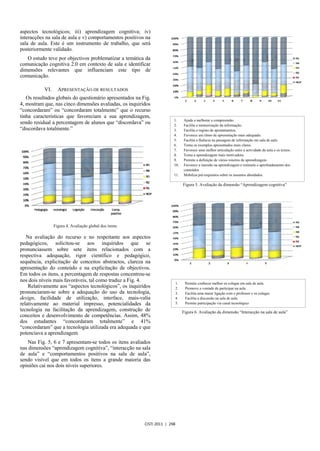 aspectos tecnológicos; iii) aprendizagem cognitiva; iv)
interacções na sala de aula e v) comportamentos positivos na
sala de aula. Este é um instrumento de trabalho, que será
posteriormente validado.
   O estudo teve por objectivos problematizar a temática da
comunicação cognitiva 2.0 em contexto de sala e identificar
dimensões relevantes que influenciam este tipo de
comunicação.

           VI.     APRESENTAÇÃO DE RESULTADOS
   Os resultados globais do questionário apresentados na Fig.
4, mostram que, nas cinco dimensões avaliadas, os inquiridos
“concordaram” ou “concordaram totalmente” que o recurso
tinha características que favoreciam a sua aprendizagem,
                                                                         1.  Ajuda a melhorar a compreensão.
sendo residual a percentagem de alunos que “discordava” ou               2.  Facilita a memorização da informação.
“discordava totalmente.”                                                 3.  Facilita o registo de apontamentos.
                                                                         4.
                                                                          FIGURA 5- Aum ritmo de apresentação mais“INTERACÇÃO NA SALA DE
                                                                             Favorece
                                                                                        VALIAÇÃO DA DIMENSÃO
                                                                                                                       adequado.
                                                                         5.  Facilita a fluência na passagem de informação em sala de aula.
                                                                                                           AULA”
                                                                         6.  Torna os exemplos apresentados mais claros.
                                                                         7.  Favorece uma melhor articulação entre a actividade da aula e os textos.
                                                                         8.  Torna a aprendizagem mais motivadora.
                                                                         9.  Permite a definição de vários roteiros de aprendizagem.
                                                                         10. Favorece a imersão na aprendizagem e estimula o aprofundamento dos
                                                                             conteúdos
                                                                         11. Mobiliza pré-requisitos sobre os assuntos abordados.

                                                                                  Figura 5. Avaliação da dimensão “Aprendizagem cognitiva”




                 Figura 4. Avaliação global dos items

   Na avaliação do recurso e no respeitante aos aspectos
pedagógicos, solicitou-se aos inquiridos que se
pronunciassem sobre sete itens relacionados com a
respectiva adequação, rigor científico e pedagógico,
sequência, explicitação de conceitos abstractos, clareza na
apresentação do conteúdo e na explicitação de objectivos.
Em todos os itens, a percentagem de respostas concentrou-se
nos dois níveis mais favoráveis, tal como traduz a Fig. 4.
                                                                             1.    Permite conhecer melhor os colegas em sala de aula.
    Relativamente aos “aspectos tecnológicos”, os inquiridos                 2.    Promove a vontade de participar na aula.
pronunciaram-se sobre a adequação do uso da tecnologia,                      3.    Facilita uma maior ligação com o professor e os colegas.
design, facilidade de utilização, interface, mais-valia                      4.    Facilita a discussão na sala de aula.
relativamente ao material impresso, potencialidades da                       5.    Permite participação via canal tecnológico
tecnologia na facilitação da aprendizagem, construção de                          Figura 6. Avaliação da dimensão “Interacção na sala de aula”
conceitos e desenvolvimento de competências. Assim, 48%
dos estudantes “concordaram totalmente” e 41%
“concordaram” que a tecnologia utilizada era adequada e que
potenciava a aprendizagem.
   Nas Fig. 5, 6 e 7 apresentam-se todos os itens avaliados
nas dimensões “aprendizagem cognitiva”, “interacção na sala
de aula” e “comportamentos positivos na sala de aula”,
sendo visível que em todos os itens a grande maioria das
opiniões cai nos dois níveis superiores.




                                                          CISTI 2011 | 298
 