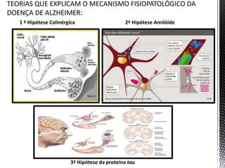 TEORIAS QUE EXPLICAM O MECANISMO FISIOPATOLÓGICO DA
DOENÇA DE ALZHEIMER:
1 ª Hipótese Colinérgica 2ª Hipótese Amilóide
3ª Hipótese da proteína tau
 