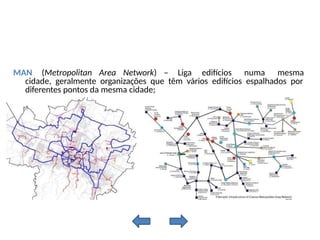 MAN (Metropolitan Area Network) – Liga edifícios numa mesma
cidade, geralmente organizações que têm vários edifícios espalhados por
diferentes pontos da mesma cidade;
 