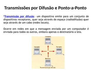 Transmissões por Difusão e Ponto-a-Ponto
•Transmissão por difusão – um dispositivo emite para um conjunto de
dispositivos receptores, quer seja através do espaço (radiodifusão) quer
seja através de um cabo (redes locais).
Ocorre em redes em que a mensagem enviada por um computador é
enviada para todos os outros, embora apenas o destinatário a leia.
 