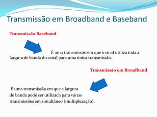 Transmissão em Broadband e Baseband
Transmissão Baseband

É uma transmissão em que o sinal utiliza toda a
largura de banda do canal para uma única transmissão.
Transmissão em Broadband

É uma transmissão em que a largura
de banda pode ser utilizada para várias
transmissões em simultâneo (multiplexação).

 
