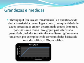Grandezas e medidas
 Throughput (ou taxa de transferência) é a quantidade de

dados transferidos de um lugar a outro, ou a quantidade de
dados processados em um determinado espaço de tempo,
pode-se usar o termo throughput para referir-se a
quantidade de dados transferidos em discos rígidos ou em
uma rede, por exemplo; tendo como unidades básicas de
medidas o Kbps, o Mbps e o Gbps

 