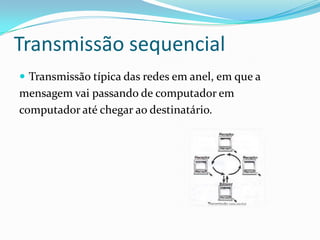 Transmissão sequencial
 Transmissão típica das redes em anel, em que a

mensagem vai passando de computador em
computador até chegar ao destinatário.

 