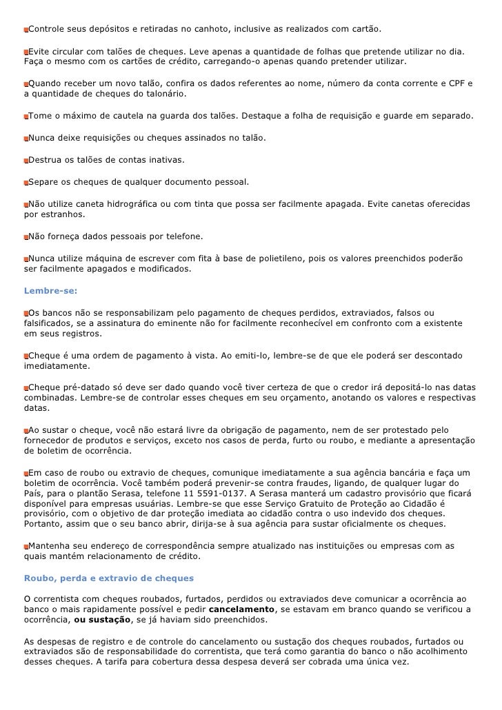 Comunicação de extravio de cheque