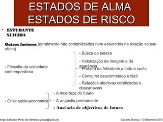 EESSTTAADDOOSS DDEE AALLMMAA 
EESSTTAADDOOSS DDEE RRIISSCCOO 
• EESSTTUUDDAANNTTEE 
SSUUIICCIIDDAA 
OOuuttrrooss ffaaccttoorreess (geralmente não contabilizados nem estudados na relação causa-efeito) 
Jorge Salvador Pinto de Almeida (jospa@ipcb.pt) 
Castelo Branco, 10-Setembro-2013 
- Filosofia da sociedade 
contemporânea 
- Busca da beleza 
- Valorização da imagem e da 
-a pParorêcnucraia da felicidade a todo o custo 
- Consumo descontrolado e fácil 
- Relações afectivas coisificadas e 
descartáveis 
- Crise socio-económica 
- A incerteza do futuro 
- A angústia permanente 
- Ausência de objectivos de futuro 
 