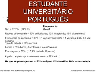 SSAAÚÚDDEE MMEENNTTAALL DDOO 
EESSTTUUDDAANNTTEE 
UUNNIIVVEERRSSIITTÁÁRRIIOO 
PPOORRTTUUGGUUÊÊSS 
• EEssttuuddoo ssoobbrree CCoommppoorrttaammeennttooss ddee RRiissccoo eessttuuddaanntteess ddoo IIPPCCBB eemm RReessiiddêênncciiaa 
Consumo de 
ddee EEssttuuddaanntteess.. ((AAnnttuunneess ee SSaannttooss,, 22000099)) 
Sim = 67,7% (64% ♀) álcool 
Razões do consumo = 42% curiosidade; 19% integração; 15% divertimento 
Frequência de consumo = 38% < 1 vez semana; 35% < 1 vez mês; 24% 1-3 vez 
semana 
Tipo de bebida = 88% cerveja 
Locais = 89% bares, discotecas e festas/eventos 
Embriaguez = 76% ( 17,9% mais de 20 vezes) 
Alguém de preocupou com o consumo = 77% não 
Os que se preocuparam = 75% amigos; 15% família; 10% namorado/a 
Jorge Salvador Pinto de Almeida (jospa@ipcb.pt) Castelo Branco, 10-Setembro-2013 
 