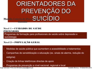 PPRRIINNCCÍÍPPIIOOSS 
OORRIIEENNTTAADDOORREESS DDAA 
PPRREEVVEENNÇÇÃÃOO DDOO 
SSUUIICCÍÍDDIIOO 
Modelo 4 níveis de Prevenção do 
Suicídio 
Nível 1 – CUIDADOS DE SAÚDE 
PRIMÁRIOS 
Programas de formação para profissionais de saúde sobre depressão e 
suicidologia 
Nível 2 – POPULAÇÃO GERAL 
- Medidas de saúde pública que aumentem a acessibilidade a tratamentos 
- Campanhas de sensibilização e educação (ex. sinais de alarme, redução do 
estigma) 
- Criação de linhas telefónicas directas de apoio 
- Programas de prevenção a nível nacional, regional e local 
Jorge Salvador Pinto de Almeida (jospa@ipcb.pt) Castelo Branco, 10-Setembro-2013 
 
