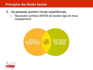 Princípios das Redes Sociais
3. As pessoas querem novas experiências:
– Necessário contribuir ANTES de receber algo em troca
(engagement)
 