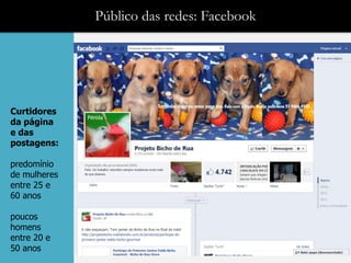 Público das redes: Facebook




Curtidores
da página
e das
postagens:

predomínio
de mulheres
entre 25 e
60 anos

poucos
homens
entre 20 e
50 anos
 