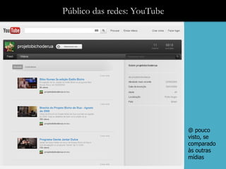 Público das redes: YouTube




                             @ pouco
                             visto, se
                             comparado
                             às outras
                             mídias
 