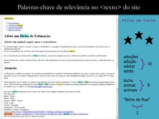 Palavras-chave de relevância no <texto> do site
                                       *Site em cache




                                        adoções
                                        adoção
                                        adotar
                                        adote
                                                  }   10




                                                  }
                                        bicho
                                        animal        8
                                        animais

                                        “Bicho de Rua”




                                            }
                                              2
 