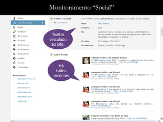 Monitoramento “Social”


 Twitter
vinculado
 ao site.




     Há
    tuítes
  recentes
 