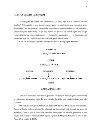 8




1.4 AS FUNÇÕES DA LINGUAGEM


       A linguagem, de acordo com Jakobson (s/d, p. 122), “tem toda a variedade de suas
funções.” Antes, porém propõe que recordemos que o remetente envia uma mensagem a um
destinatário. Para que possa ser transmitida, a mensagem requer uma contexto (ou referente),
apreensível pelo destinatário e que seja verbal ou passível de verbalização, um código
comum (parcial ou totalmente)a ambos — remetente e destinatário — e, finalmente, um
contato, ou seja, um canal físico por meio do qual possa ser veiculada.
       Cada um desses seis elementos encerra uma função da linguagem diferente:


                                          CONTEXTO

                                   1) FUNÇÃO REFERENCIAL


                                            CANAL

                                 2) FUNÇÃO FÁTICA


                EMISSOR               MENSAGEM                     RECEPTOR



      3) FUNÇÃO EMOTIVA 4) FUNÇÃO POÉTICA                      5) FUNÇÃO CONATIVA

                                            CÓDIGO


                                   6) METALINGUAGEM


       Apesar de serem seis elementos e, portanto, seis funções da linguagem, normalmente
as mensagens comportam mais de uma função, havendo uma predominante, mas não
exclusiva.
       Deve-se ressaltar que a estrutura da mensagem depende dessa função predominante.
Assim, a função referencial (também chamada de denotativa) está centrada no contexto
(referente). Tudo o que se refere aos contextos situacionais ou textuais pertencem a este
função. Por exemplo: Prefeitura libera a pista expressa da Marginal Pinheiros. (Folha de São
Paulo, 16 de janeiro de 2007)
 