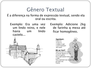 Gênero TextualExemplo: Era uma vez um lindo reino, e nele havia um lindo castelo...Exemplo: Adicione 2kg de farinha q mexa até ficar homogêneo.É a diferença na forma de expressão textual, sendo ela oral ou escrita.