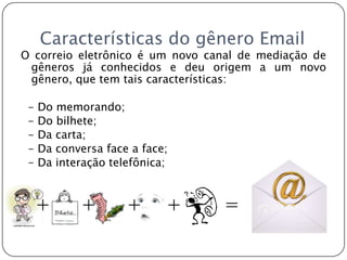 Características do gênero EmailO correio eletrônico é um novo canal de mediação de gêneros já conhecidos e deu origem a um novo gênero, que tem tais características:- Do memorando;- Do bilhete;- Da carta;- Da conversa face a face;- Da interação telefônica;   +     +     +    +       =