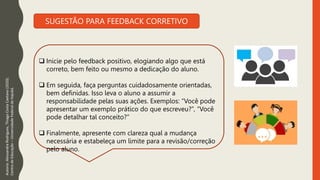 SUGESTÃO PARA FEEDBACK CORRETIVO
Autoria:
Alessandra
Rodrigues,
Thiago
Costa
Caetano
(2020).
Centro
de
Educação
–
Universidade
Federal
de
Itajubá.
 Inicie pelo feedback positivo, elogiando algo que está
correto, bem feito ou mesmo a dedicação do aluno.
 Em seguida, faça perguntas cuidadosamente orientadas,
bem definidas. Isso leva o aluno a assumir a
responsabilidade pelas suas ações. Exemplos: “Você pode
apresentar um exemplo prático do que escreveu?”, “Você
pode detalhar tal conceito?”
 Finalmente, apresente com clareza qual a mudança
necessária e estabeleça um limite para a revisão/correção
pelo aluno.
 