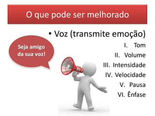 O que pode ser melhorado

     • Voz (transmite emoção)
                            I. Tom
                        II. Volume
                  III. Intensidade
                   IV. Velocidade
                           V. Pausa
                          VI. Ênfase
 