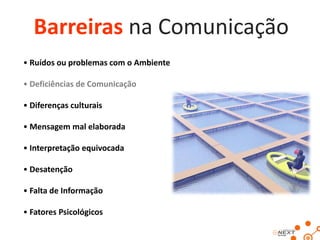 Barreiras na Comunicação
• Ruídos ou problemas com o Ambiente
• Deficiências de Comunicação
• Diferenças culturais
• Mensagem mal elaborada

• Interpretação equivocada
• Desatenção
• Falta de Informação
• Fatores Psicológicos

 