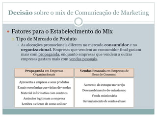 Decisão sobre o mix de Comunicação de Marketing
 Fatores para o Estabelecimento do Mix
 Tipo de Mercado de Produto
 As alocações promocionais diferem no mercado consumidor e no
organizacional. Empresas que vendem ao consumidor final gastam
mais com propaganda, enquanto empresas que vendem a outras
empresas gastam mais com vendas pessoais.
Propaganda em Empresas
Organizacionais
Vendas Pessoais em Empresas de
Bens de Consumo
Apresenta a empresa e seus produtos
É mais econômica que visitas de vendas
Material informativo com contatos
Anúncios legitimam a empresa
Lembra o cliente de como utilizar
Aumento do estoque no varejo
Desenvolvimento do entusiasmo
Venda missionária
Gerenciamento de contas-chave
 