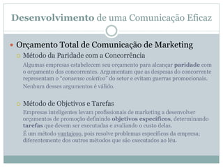 Desenvolvimento de uma Comunicação Eficaz
 Orçamento Total de Comunicação de Marketing
 Método da Paridade com a Concorr...