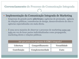 Gerenciamento do Processo de Comunicação Integrada
 Implementação da Comunicação Integrada de Marketing
 Empresas de gra...