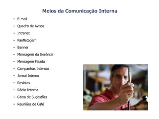 Meios da Comunicação Interna
• E-mail
• Quadro de Avisos
• Intranet
• Panfletagem
• Banner
• Mensagem da Gerência
• Mensagem Falada
• Campanhas Internas
• Jornal Interno
• Revistas
• Rádio Interna
• Caixa de Sugestões
• Reuniões de Café
 