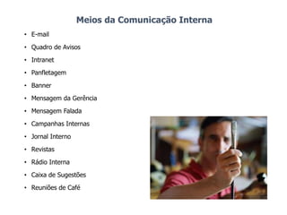 Meios da Comunicação Interna
• E-mail
• Quadro de Avisos
• Intranet
• Panfletagem
• Banner
• Mensagem da Gerência
• Mensagem Falada
• Campanhas Internas
• Jornal Interno
• Revistas
• Rádio Interna
• Caixa de Sugestões
• Reuniões de Café
 