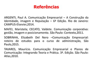 Referências
ARGENTI, Paul A. Comunicação Empresarial – A Construção da
Identidade, imagem e Reputação – 6ª Edição. Rio de Janeiro:
CAMPUS-Elsevier,2014.
MAFEI, Maristela; CECATO, Valdete. Comunicação corporativa:
gestão, imagem e posicionamento. São Paulo: Contexto,2011.
SOBRINHA, Elizabeth Del Nero –Comunicação Empresarial:
roteiro de estudos para o curso de administração, São
Paulo,2015.
TAVARES, Maurício. Comunicação Empresarial e Planos de
Comunicação: Integrando Teoria e Prática. 3ª. Edição. São Paulo:
Atlas,2010.
 