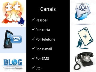 Canais
Pessoal
Por carta
Por telefone
Por e-mail
Por SMS
Etc.
 