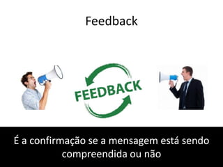 Feedback
É a confirmação se a mensagem está sendo
compreendida ou não
 