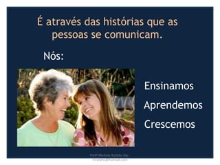 É através das histórias que as
pessoas se comunicam.
Nós:
Ensinamos
Aprendemos
Crescemos
Profª Michele Rufatto Vaz -
mrufatto@hotmail.com
 