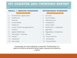A apropriação, por outros segmentos, da expressão “Trending Topics”, ou
tópicos de influência, derivada do Twitter, expõe a importância do método no
contexto
 