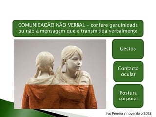 COMUNICAÇÃO NÃO VERBAL – confere genuinidade
ou não à mensagem que é transmitida verbalmente
Gestos
Contacto
ocular
Postura
corporal
Ivo Pereira / novembro 2023
 