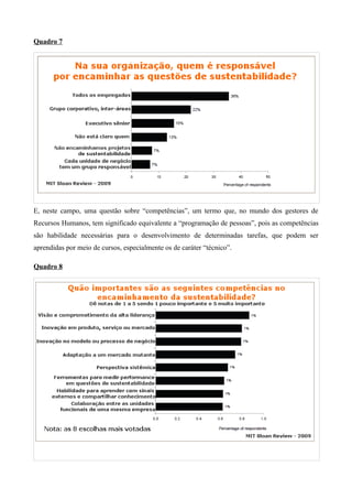 Quadro 7




E, neste campo, uma questão sobre “competências”, um termo que, no mundo dos gestores de
Recursos Humanos, tem significado equivalente a “programação de pessoas”, pois as competências
são habilidade necessárias para o desenvolvimento de determinadas tarefas, que podem ser
aprendidas por meio de cursos, especialmente os de caráter “técnico”.

Quadro 8
 
