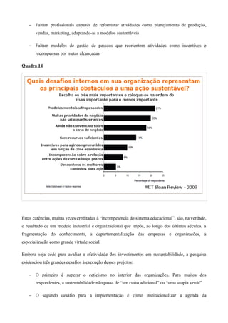 − Faltam profissionais capazes de reformatar atividades como planejamento de produção,
       vendas, marketing, adaptando-as a modelos sustentáveis

   − Faltam modelos de gestão de pessoas que reorientem atividades como incentivos e
       recompensas por metas alcançadas

Quadro 14




Estas carências, muitas vezes creditadas à “incompetência do sistema educacional”, são, na verdade,
o resultado de um modelo industrial e organizacional que impôs, ao longo dos últimos séculos, a
fragmentação do conhecimento, a departamentalização das empresas e organizações, a
especialização como grande virtude social.

Embora seja cedo para avaliar a efetividade dos investimentos em sustentabilidade, a pesquisa
evidenciou três grandes desafios à execução desses projetos:

   − O primeiro é superar o ceticismo no interior das organizações. Para muitos dos
       respondentes, a sustentabilidade não passa de “um custo adicional” ou “uma utopia verde”

   − O segundo desafio para a implementação é como institucionalizar a agenda da
 