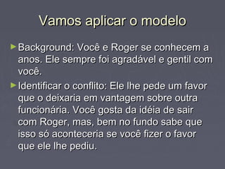 Vamos aplicar o modeloVamos aplicar o modelo
►Background: Você e Roger se conhecem aBackground: Você e Roger se conhecem a
anos. Ele sempre foi agradável e gentil comanos. Ele sempre foi agradável e gentil com
você.você.
►Identificar o conflito: Ele lhe pede um favorIdentificar o conflito: Ele lhe pede um favor
que o deixaria em vantagem sobre outraque o deixaria em vantagem sobre outra
funcionária. Você gosta da idéia de sairfuncionária. Você gosta da idéia de sair
com Roger, mas, bem no fundo sabe quecom Roger, mas, bem no fundo sabe que
isso só aconteceria se você fizer o favorisso só aconteceria se você fizer o favor
que ele lhe pediu.que ele lhe pediu.
 