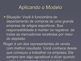 Aplicando o ModeloAplicando o Modelo
►Situação: Você é funcionária doSituação: Você é funcionária do
departamento de compras de uma grandedepartamento de compras de uma grande
empresa de artigos esportivos. Suaempresa de artigos esportivos. Sua
responsabilidade é manter os registros deresponsabilidade é manter os registros de
todas as mercadorias recebidas por meiotodas as mercadorias recebidas por meio
do depósito.do depósito.
Roger é um dos representantes de vendaRoger é um dos representantes de venda
com melhor resultado. Você conhece desdecom melhor resultado. Você conhece desde
que começou a trabalhar na empresa. Eleque começou a trabalhar na empresa. Ele
sempre tem algo agradável a dizer quandosempre tem algo agradável a dizer quando
 
